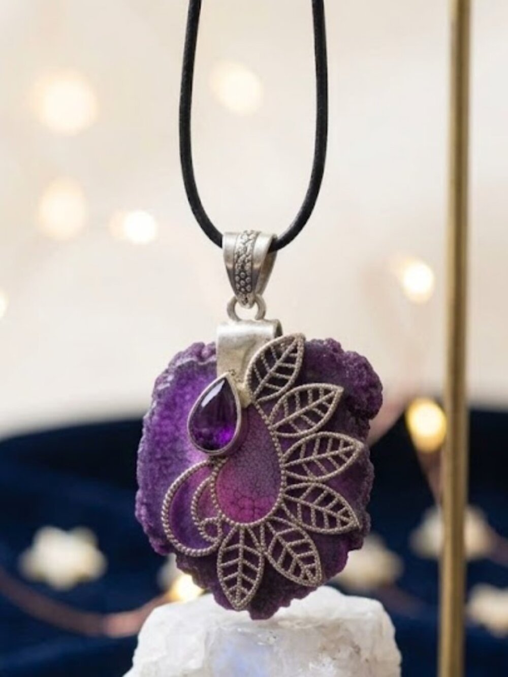 Artisan 925 Sterling Silver Raw Agate Amethyst Leaf Filigree Pendant 2.45" - Picture 5 of 16